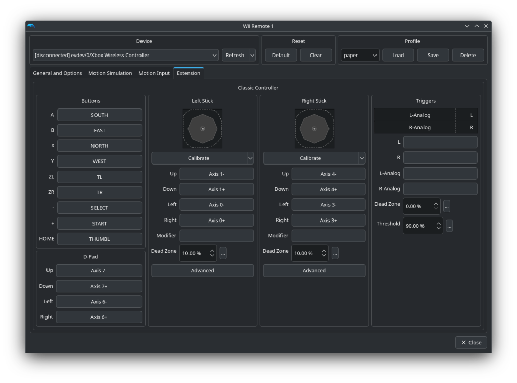 Dolphin controller configuration screen for a Wii Remote. The "Extension" tab is visible and shows configuration for the Classic Controller extension.